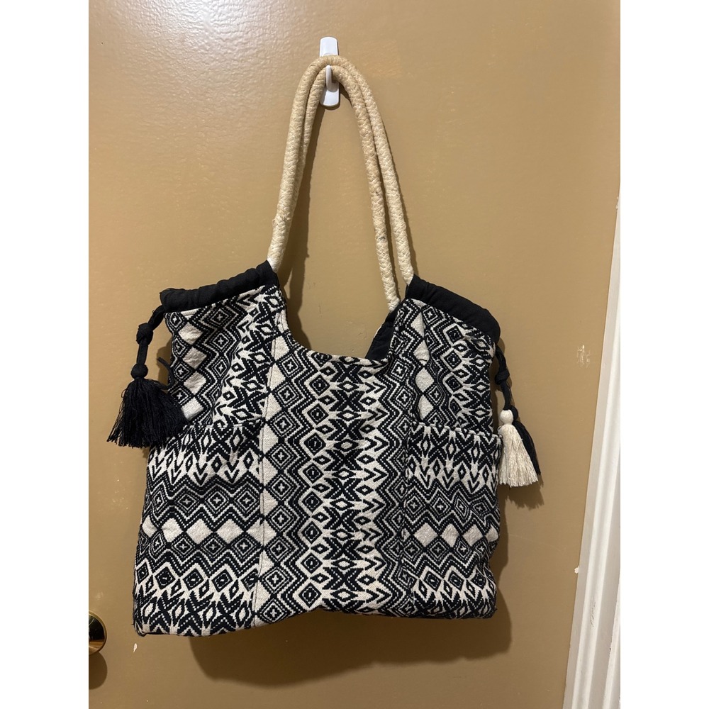 Unbranded Tote Bag Women Large Black White Geometric Boho Tassel Rope Strap